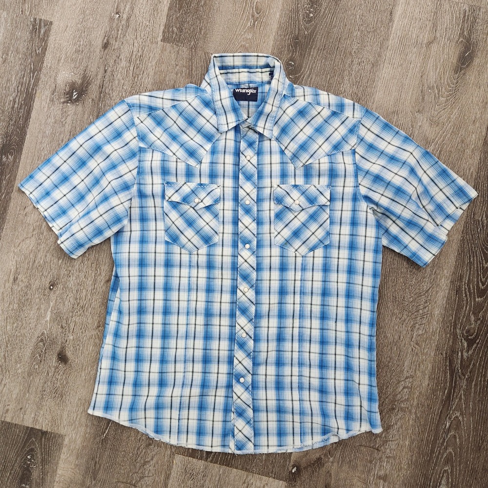 Wrangler Mens Blue White Plaid Short Sleeve Pearl Snap Western Shirt Size Large
